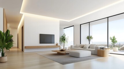 Fototapeta premium A living room with a white couch and a coffee table