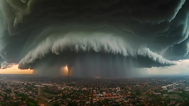 Storm clouds gathering over a city