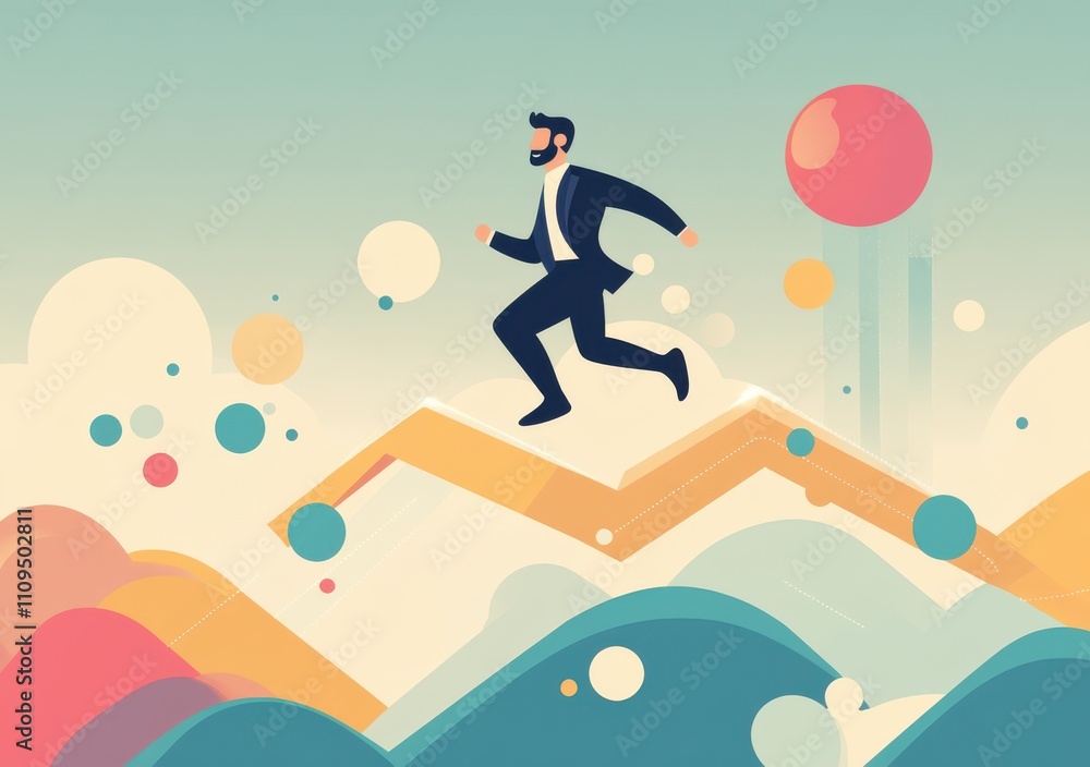 Poster man in business suit running over abstract colorful landscape with bubbles and shapes, symbolizing s