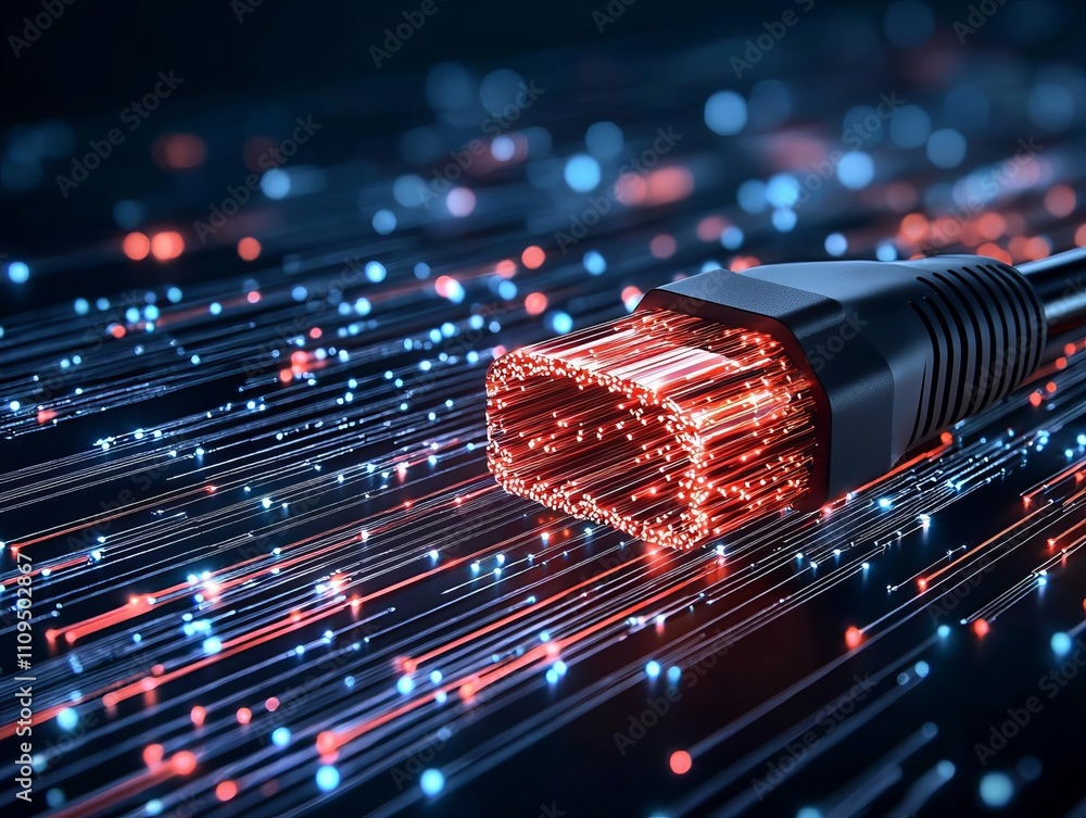 Poster fiber optic upgrade process. a close-up of a network cable with glowing data streams on a dark backg