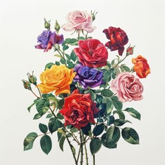 A vibrant bouquet of multi-colored roses, showcasing various shades and types, surrounded by lush green leaves against a neutral background.