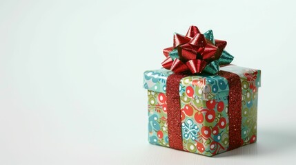 A beautifully wrapped gift box adorned with a colorful bow, perfect for festive occasions and celebrations.