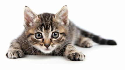 Obraz premium A playful tabby kitten lying down, showcasing its curious expression and adorable features.