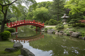 Serene Japanese Garden with Red Arched Bridge