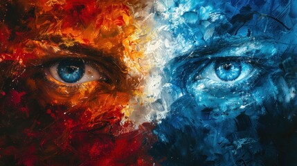 Close-up of a face painted with fiery orange and cool blue hues, showcasing intense blue eyes.