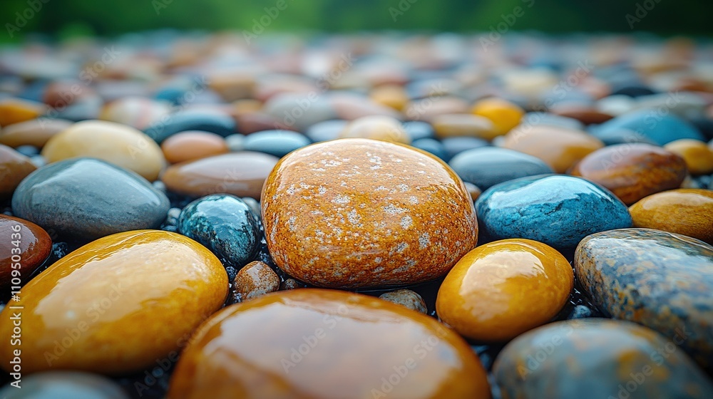 Poster smooth colorful river stones with shiny surface and natural patterns lying in a close-up view, ideal