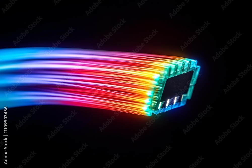 Poster fiber optic upgrade process. a vibrant depiction of a microchip with dynamic flowing lights and colo