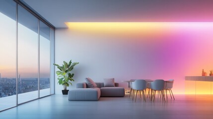 A large living room with a white wall and a white couch