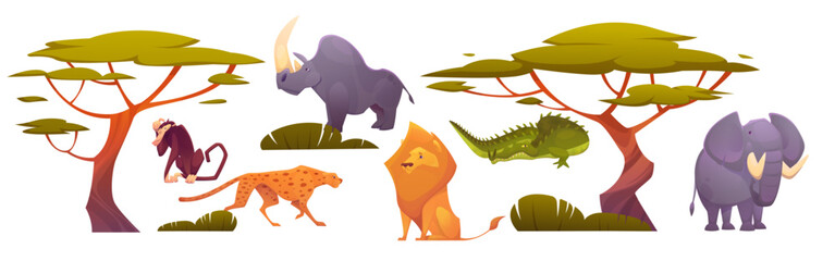African animal. Cartoon savanna fauna. Safari rhino. Cute elephant. Jungle leopard and cheetah. Baboon and lion in Africa. Wild crocodile. Landscape trees. Exotic mammals. Vector zoo park elements set