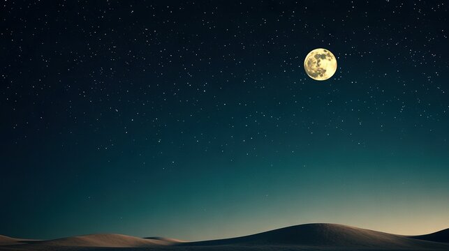   A beaming moon illuminates the vast desert expanse at night, casting its light across rolling dunes and speckling starry skies