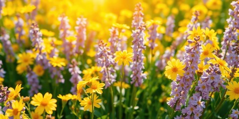 Fototapeta premium A field of vibrant yellow wildflowers basking in the warm glow of the sun, their petals reaching towards the sky, creating a beautiful natural tapestry.