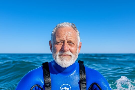 An elderly man surfing in the ocean, riding waves in Australia, enjoying mental health in retirement. Training his body on the beach for competition, embracing summer exercise and a travel surfer