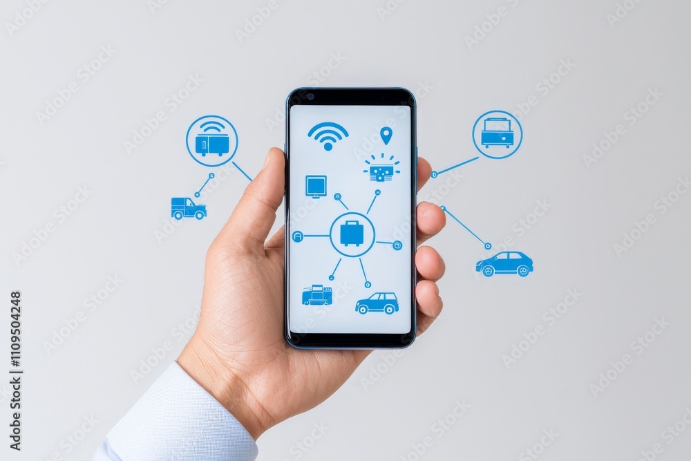 Poster on a neutral background, a hand holds a modern smartphone displaying a dashboard for monitoring and 