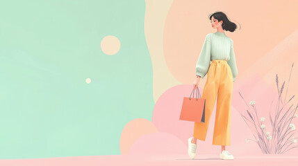 A minimalist fashionista holding a shopping bag, set against a background of soft pastel pop colors, with abstract shapes in peach, lavender, and mint green.
