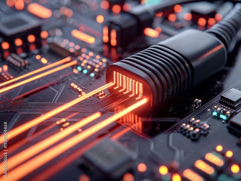 Aufkleber fiber optic upgrade process. close-up of a high-tech circuit board with glowing connections and mode