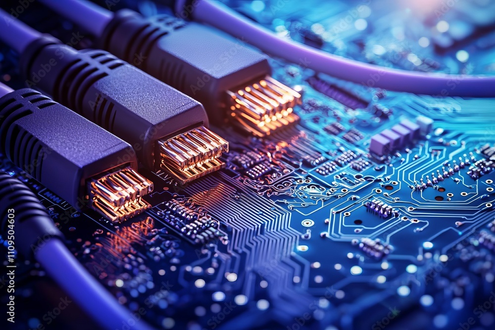 Poster fiber optic upgrade process. close-up of network cables connected to a circuit board with glowing li