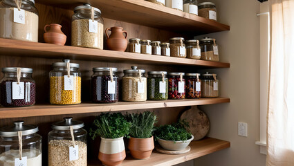 Stylish kitchen pantry with glass jars and labeled containers showcasing organized dry goods and fresh herbs