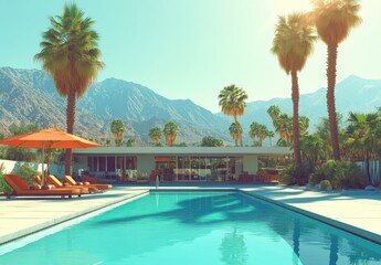 Modern luxury villa with a shimmering pool surrounded by palm trees and mountains under a bright blue sky, perfect for summer vacations and relaxation