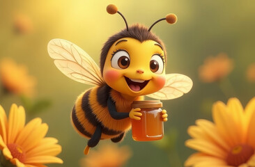 Cheerful smiling cartoon bee holding a jar with honey on a floral background. Generated AI