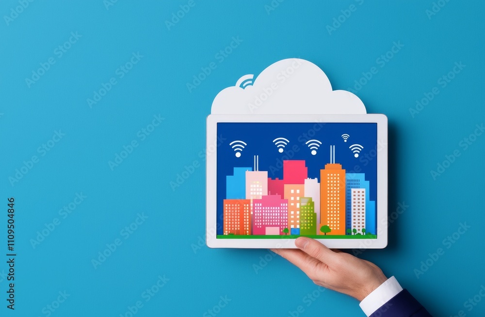 Aufkleber a waiter holds an empty digital tablet against a backdrop of a smart city featuring smart services, 
