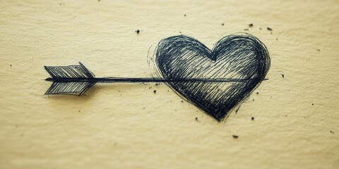 Heart pierced by arrow drawn in charcoal on soft yellow paper, conveying love\'s bittersweet essence in a simple yet profound manner