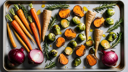 Fresh vegetables arranged on a baking sheet for roasting in a cozy kitchen