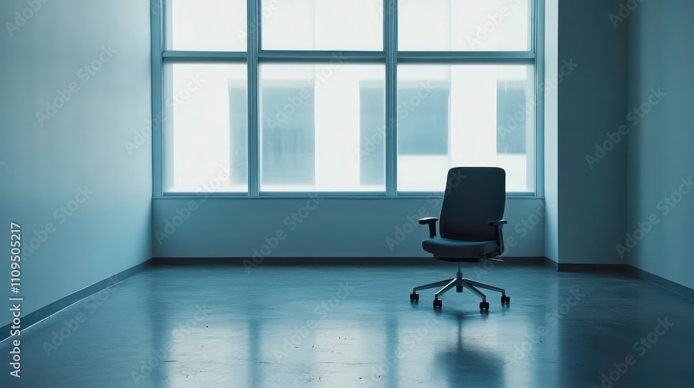 Poster empty office room with a single chair by a large window.