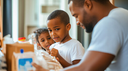 Family unpacking groceries in kitchen together