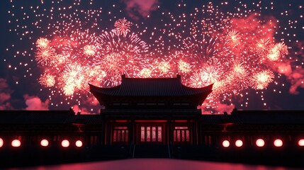 Spectacular Red Fireworks over Asian Temple at Night