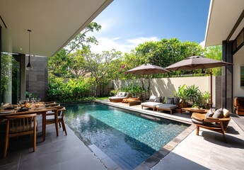 Modern Outdoor Patio with Swimming Pool Surrounded by Lush Greenery and Comfortable Lounge Furniture Under Clear Blue Sky