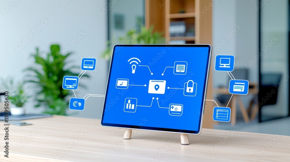 Poster a wireless tablet running a smart home app on a wooden table, set against a geometric background of 