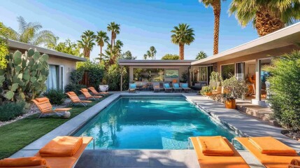 A backyard pool surrounded by lounge chairs and palm trees, creating a perfect summer oasis.