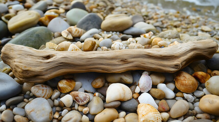 Tranquil Coastal Landscape: Driftwood, Stones, and Natural Textures Along the Shoreline