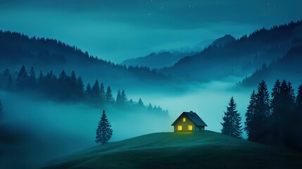   A house perched atop a hill amidst a dense forest under the luminescent full moon