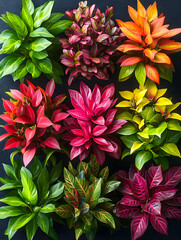 Colorful potted plants arranged in a grid pattern on a dark background.