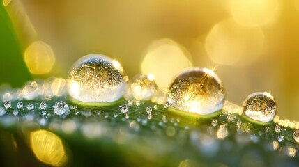 Three dew drops on a leaf reflecting sunlight.