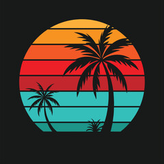 tropical island with palm trees, silhouette of sunset with trees in island vector illustration