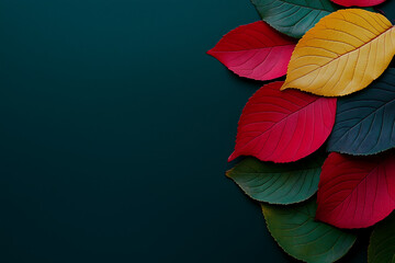 Autumn background made of colorful leaves on a dark green surface