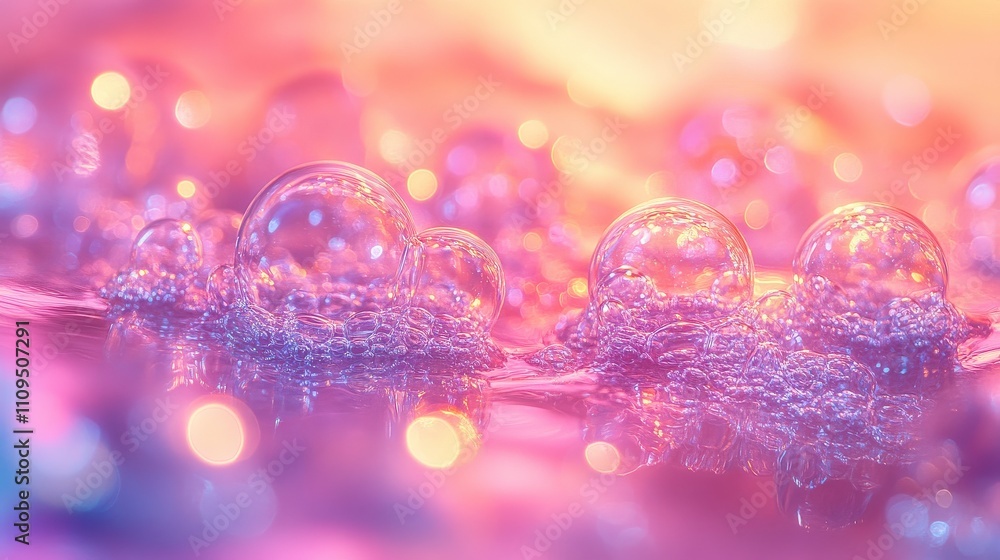 Poster abstract close-up of colorful soap bubbles with reflections and bokeh effect in soft pastel shades, 