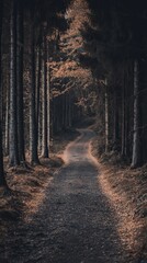 Obraz premium Autumn Forest Path, a serene trail adorned with golden leaves, inviting warmth and tranquility, perfect for enhancing your device's aesthetic with nature's beauty.