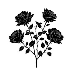 Silhouette of three black roses with thorns and leaves