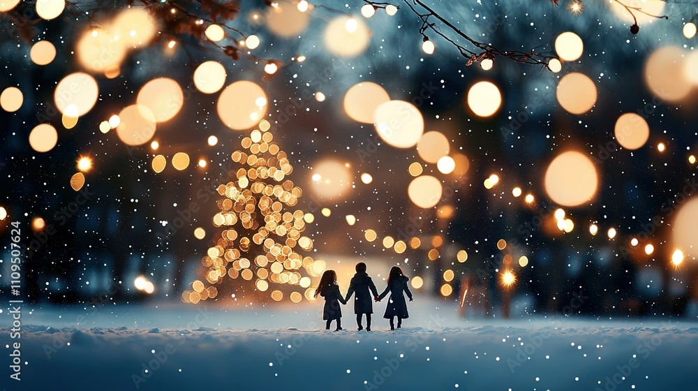 Poster a group of people traversing a snow-covered field with a lit christmas tree in the foreground during
