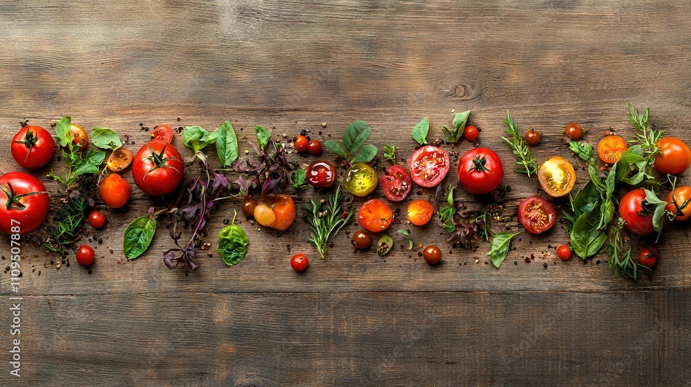 Poster a wooden table laden with an array of diverse fruits and vegetables on a wooden base