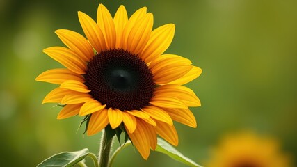 Obraz premium A single sunflower, with bright yellow petals, faces the sun, its dark brown center a stark contrast against the green background.