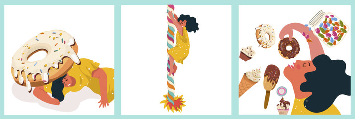 Sugar addiction flat isolated poster set with a woman pressed down by a donut, climbing a sweet rope, devouring sweets, craving desserts vector hand drawn illustration