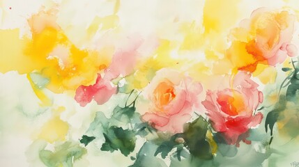 Abstract watercolor painting of pink and yellow roses with green leaves.