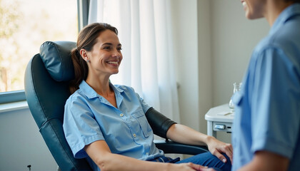 Obraz premium Caring spirit shines through as a woman donates blood in a bright, welcoming clinic space