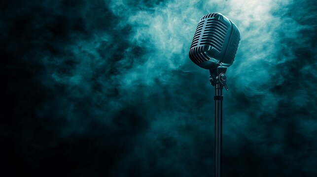 A refined broadcast microphone in close-up, floating in a dark-blue studio with cinematic backlighting creating a professional and dramatic atmosphere