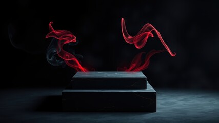 A two-tiered black marble podium against a dark background with wisps of red smoke swirling around it
