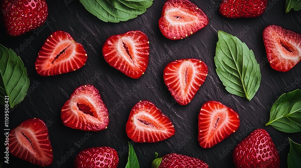 Poster a sharp image captures red strawberries and green foliage against a dark background the leaves rest 